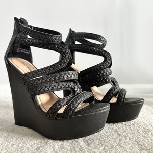 Bamboo Black Pleather Wedges with
Braided Straps Sz. 7